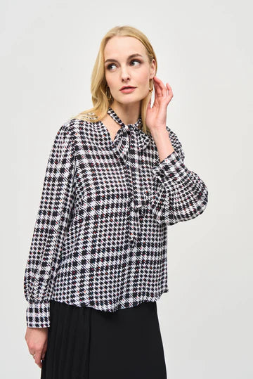 Joseph Ribkoff Vanilla Multi Plaid Puff Sleeve Blouse 243228