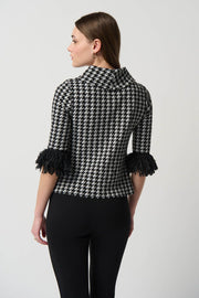 Joseph Ribkoff Black White Houndstooth Fringe Top 234269