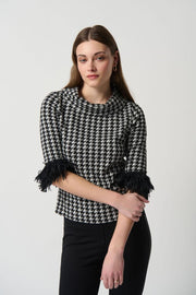Joseph Ribkoff Black White Houndstooth Fringe Top 234269