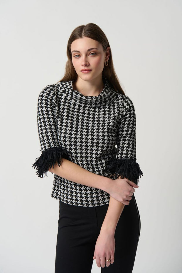 Joseph Ribkoff Black White Houndstooth Fringe Top 234269