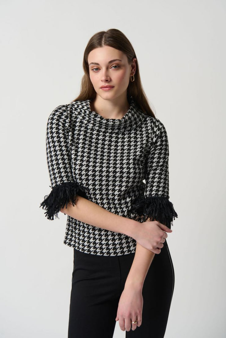 Joseph Ribkoff Black White Houndstooth Fringe Top 234269
