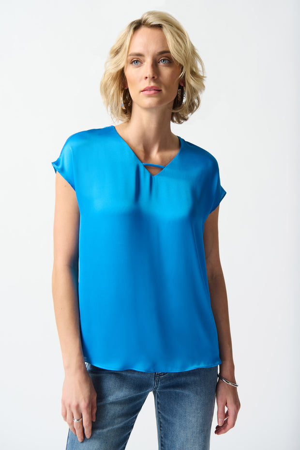 Joseph Ribkoff Blue V Neck Satin Blouse With Dolman Sleeves 242123