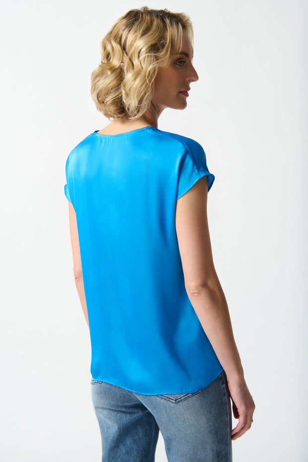 Joseph Ribkoff Blue V Neck Satin Blouse With Dolman Sleeves 242123