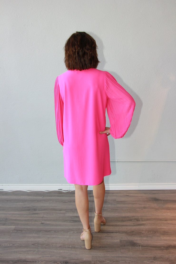 joseph ribkoff hot pink dress Joseph Ribkoff 241252 Ultra Pink V Neckline Ruffle & Lace 3/4 Sleeve Dress