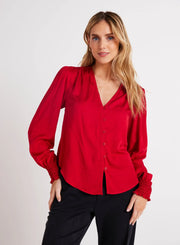 Bella Dahl Smocked Cuff Button Down Cherry Red