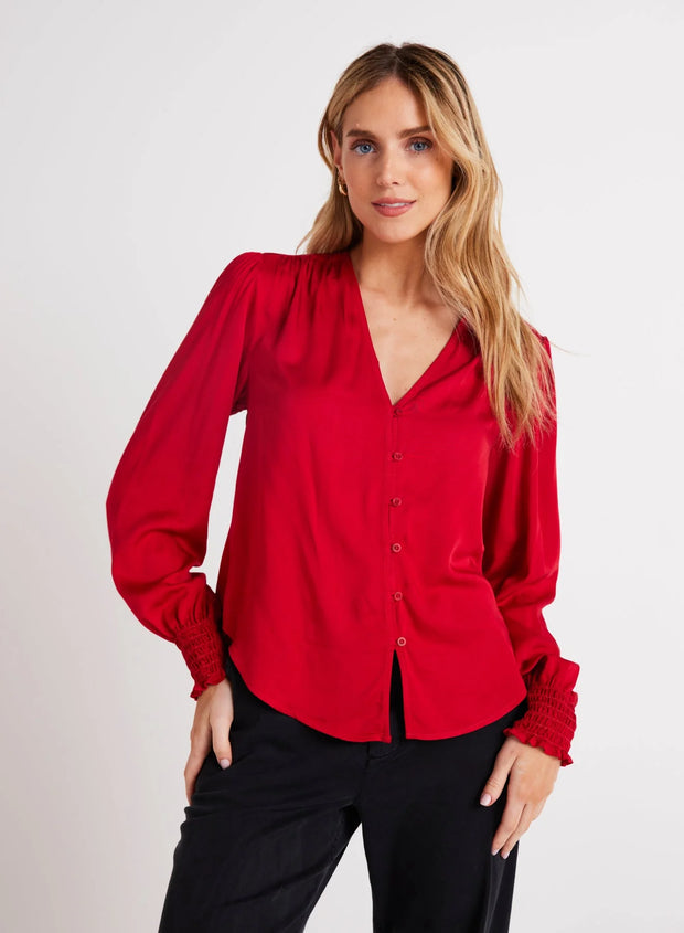 Bella Dahl Smocked Cuff Button Down Cherry Red