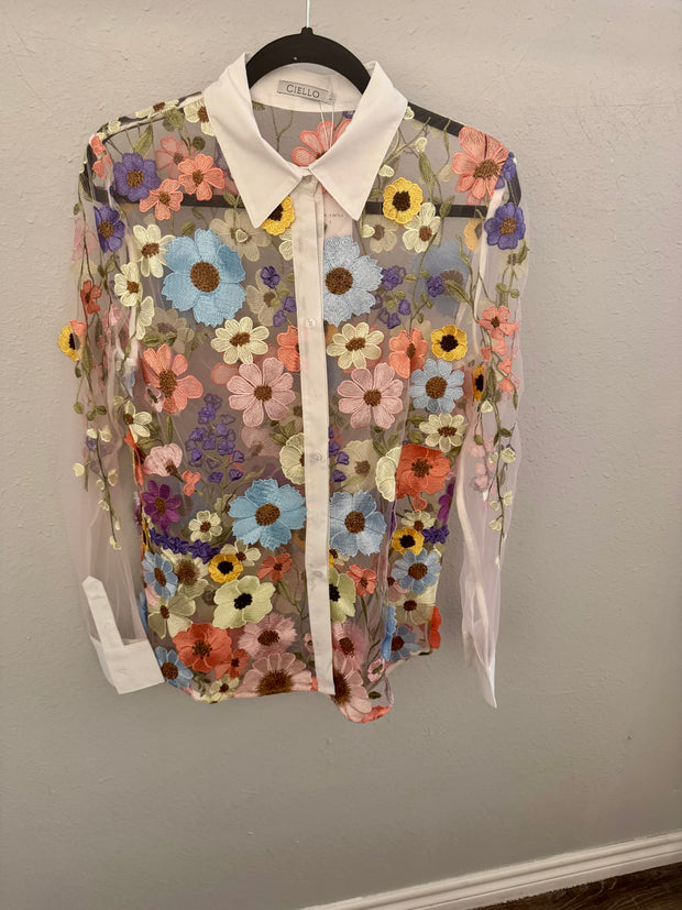 Adore Lace Button Down Top with Floral L3675-1