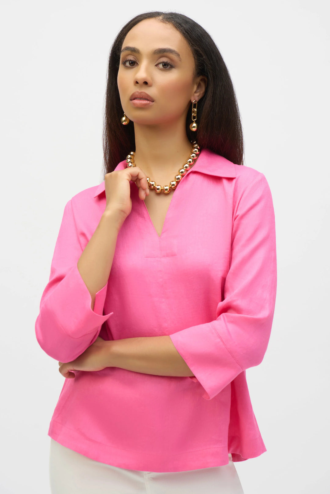 Joseph Ribkoff Linen Boxy Top with Shirt Collar—Bubble Gum pink