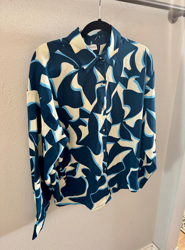 Lucy Paris Carlin Cargo Pocket Top- Blue Geometric T3042-2