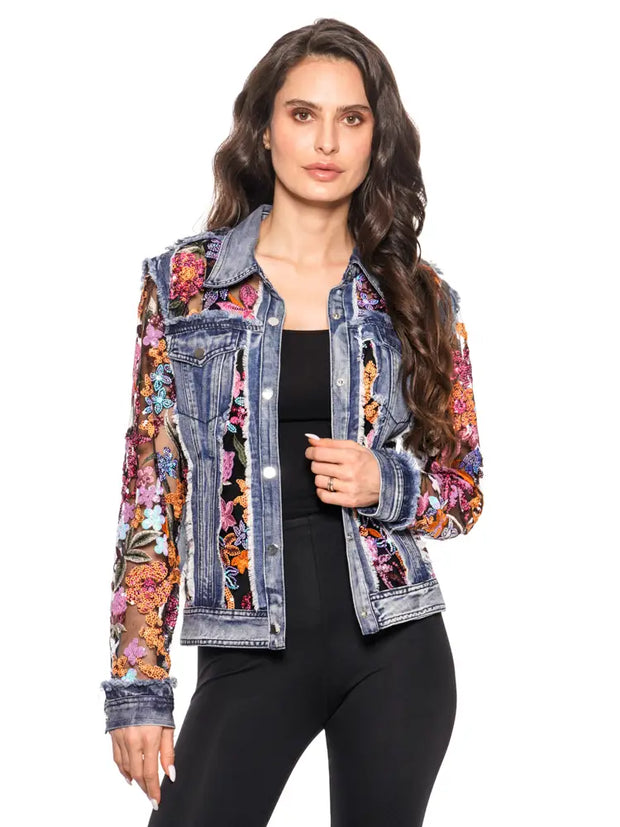 Adore A7217-86C Denim Jacket with Floral Embroidered Sequence