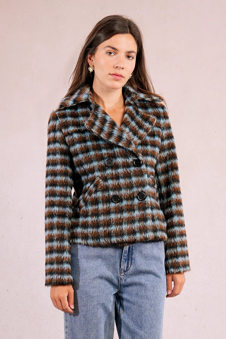 Molly Bracken LADIES WOVEN COAT Blue/Brown SKU P1831BDH-BROWN